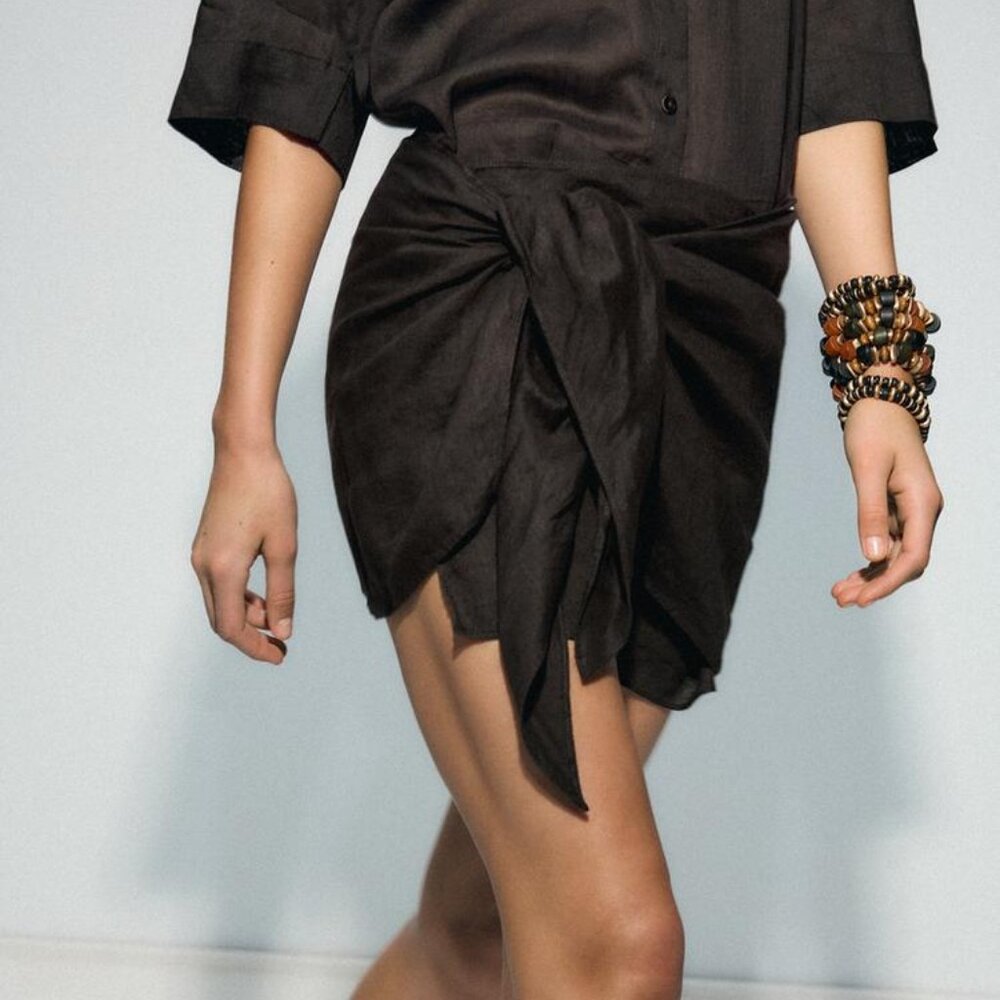 Zara 100% Linen Mini Skirt Brown- ZW Collection, Adjustable Knot, Size Large